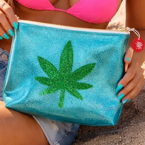 Julie Mollo Glitter Blue & Green Leaf Clutch Oversized Cosmetic Bag New - Picture 16 of 16